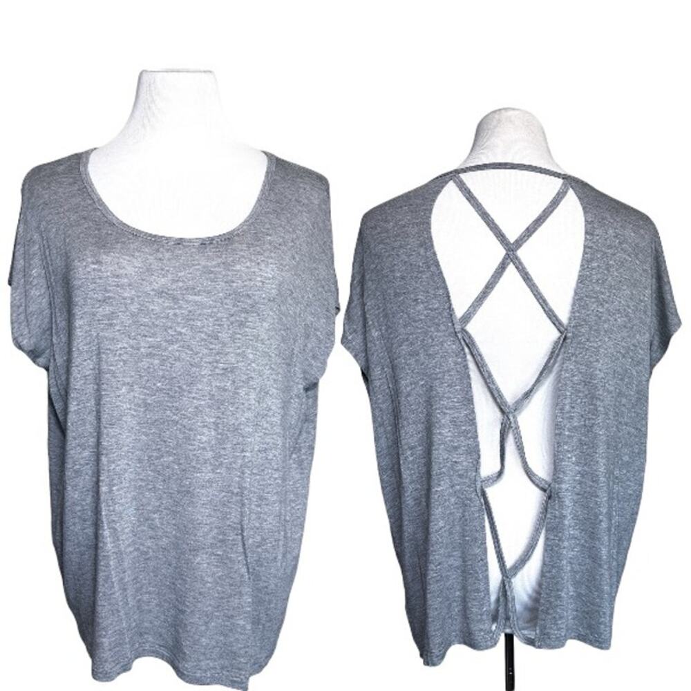Beyond Yoga Criss Cross Open Back Short Sleeve Relaxed Tee Shirt Grey Gray Small